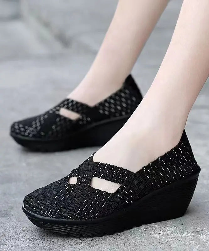 Knit Fabric Black Handmade Comfortable Splicing Wedge Heels Ada Fashion