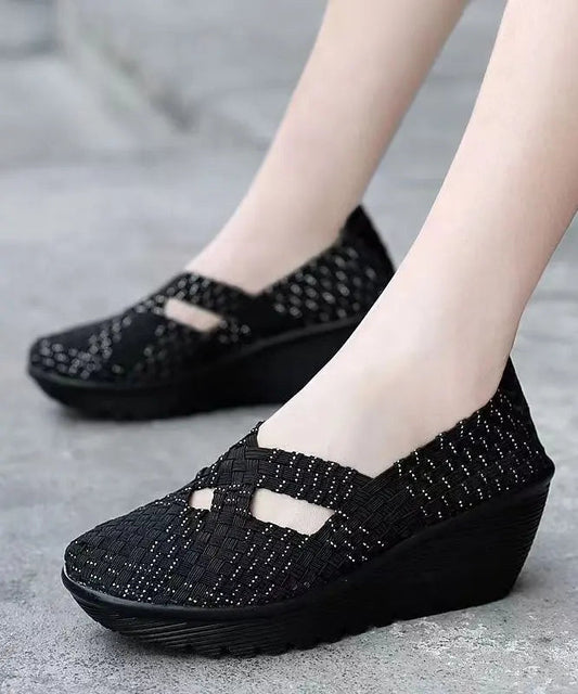 Knit Fabric Black Handmade Comfortable Splicing Wedge Heels Ada Fashion