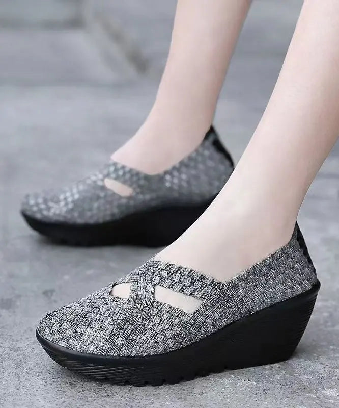 Knit Fabric Black Handmade Comfortable Splicing Wedge Heels Ada Fashion