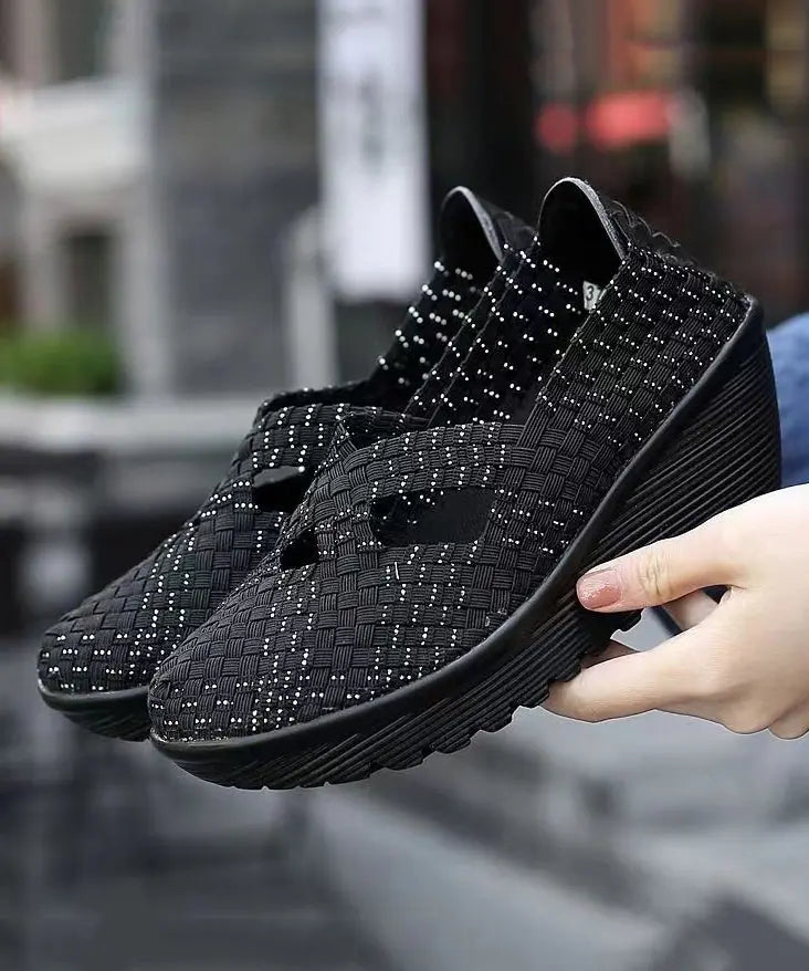 Knit Fabric Black Handmade Comfortable Splicing Wedge Heels Ada Fashion