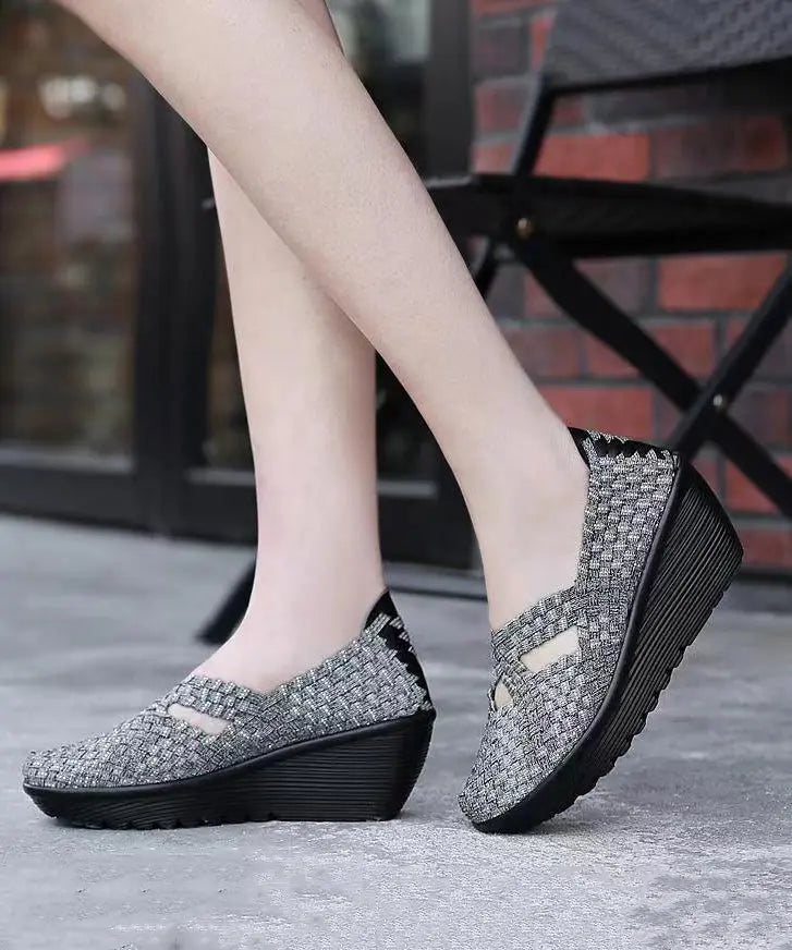 Knit Fabric Black Handmade Comfortable Splicing Wedge Heels Ada Fashion