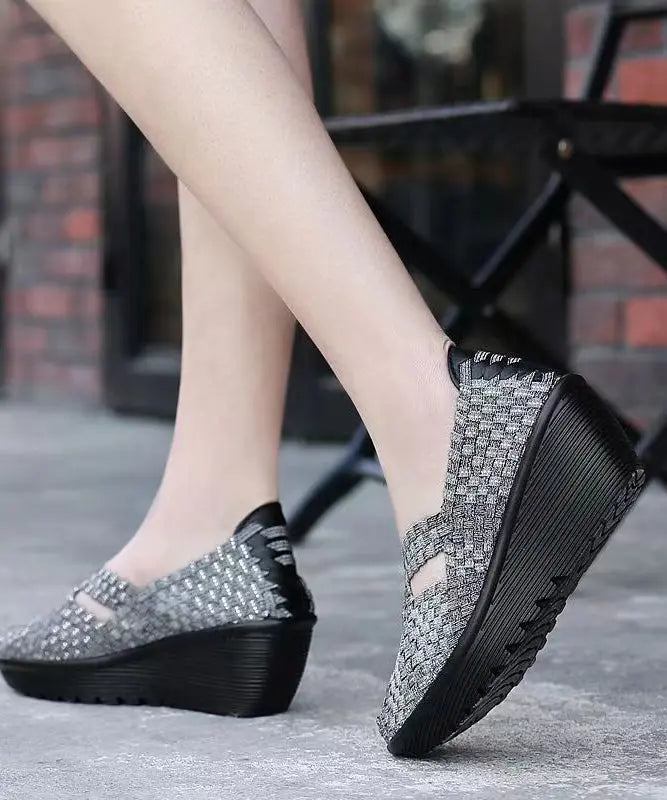 Knit Fabric Black Handmade Comfortable Splicing Wedge Heels Ada Fashion