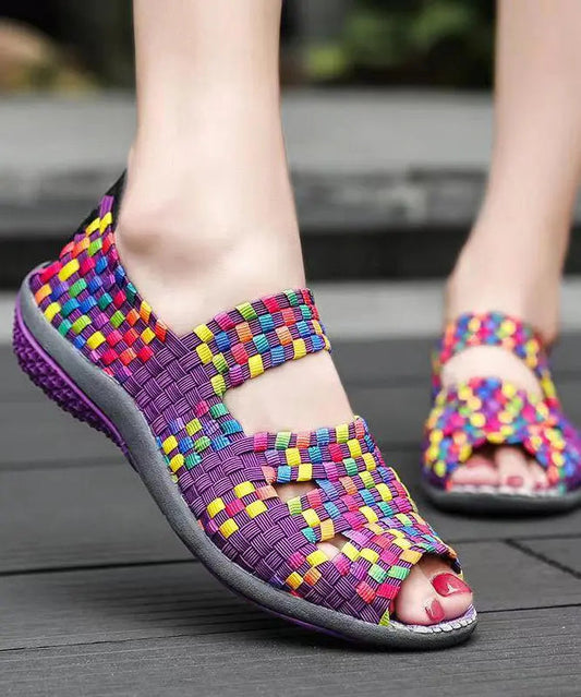 Knit Fabric Flat Shoes For Women Purple Splicing Peep Toe Ada Fashion