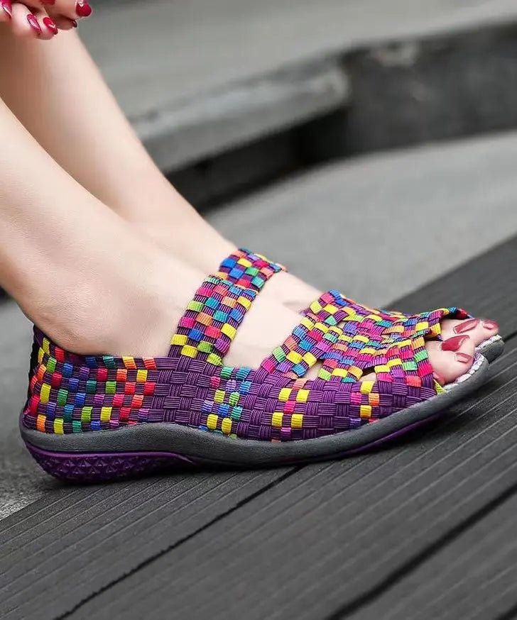 Knit Fabric Flat Shoes For Women Purple Splicing Peep Toe Ada Fashion