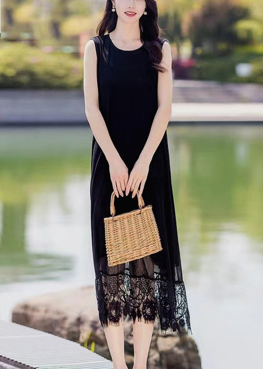 Lace Patchwork Pocket Round Neck Sleeveless Maxi Dress Black LC0046 - fabuloryshop