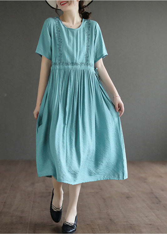 Lake Blue Cotton Maxi Dress Embroideried Summer LY5358 - fabuloryshop