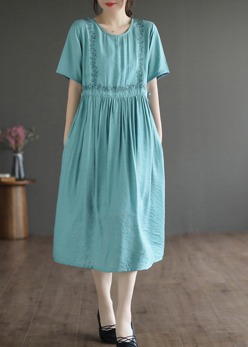 Lake Blue Cotton Maxi Dress Embroideried Summer LY5358 - fabuloryshop