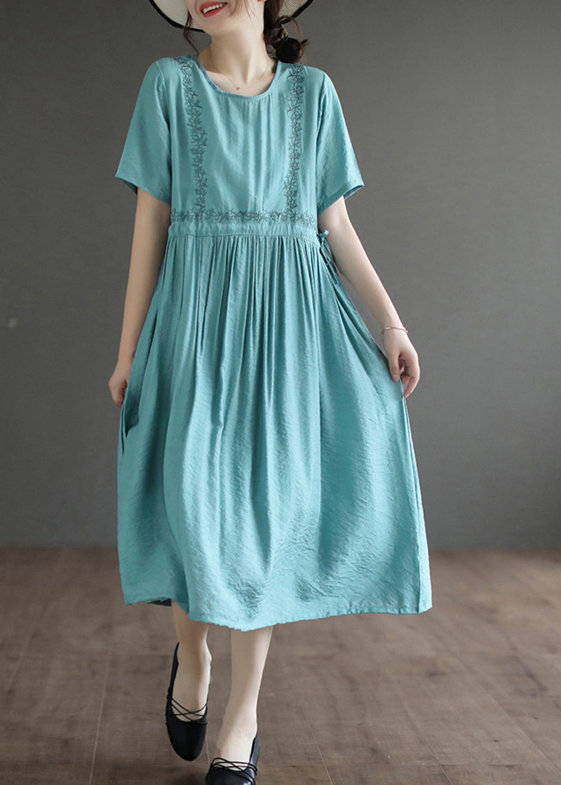 Lake Blue Cotton Maxi Dress Embroideried Summer LY5358 - fabuloryshop