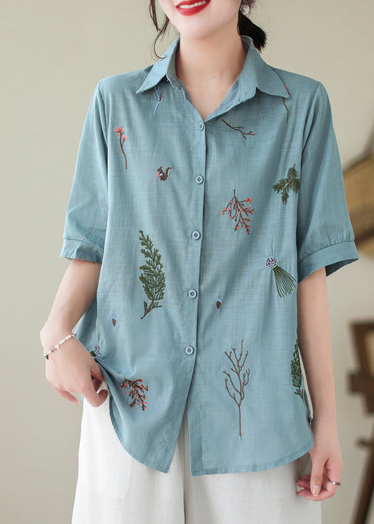 Lake Blue Cotton Shirt Peter Pan Collar Embroideried Summer LY4938 - fabuloryshop