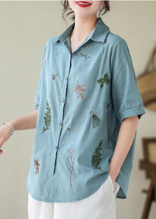 Lake Blue Cotton Shirt Peter Pan Collar Embroideried Summer LY4938 - fabuloryshop