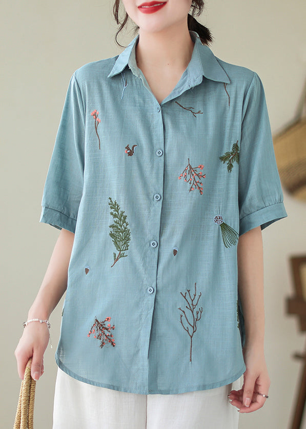 Lake Blue Cotton Shirt Peter Pan Collar Embroideried Summer LY4938 - fabuloryshop