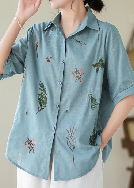 Lake Blue Cotton Shirt Peter Pan Collar Embroideried Summer LY4938 - fabuloryshop