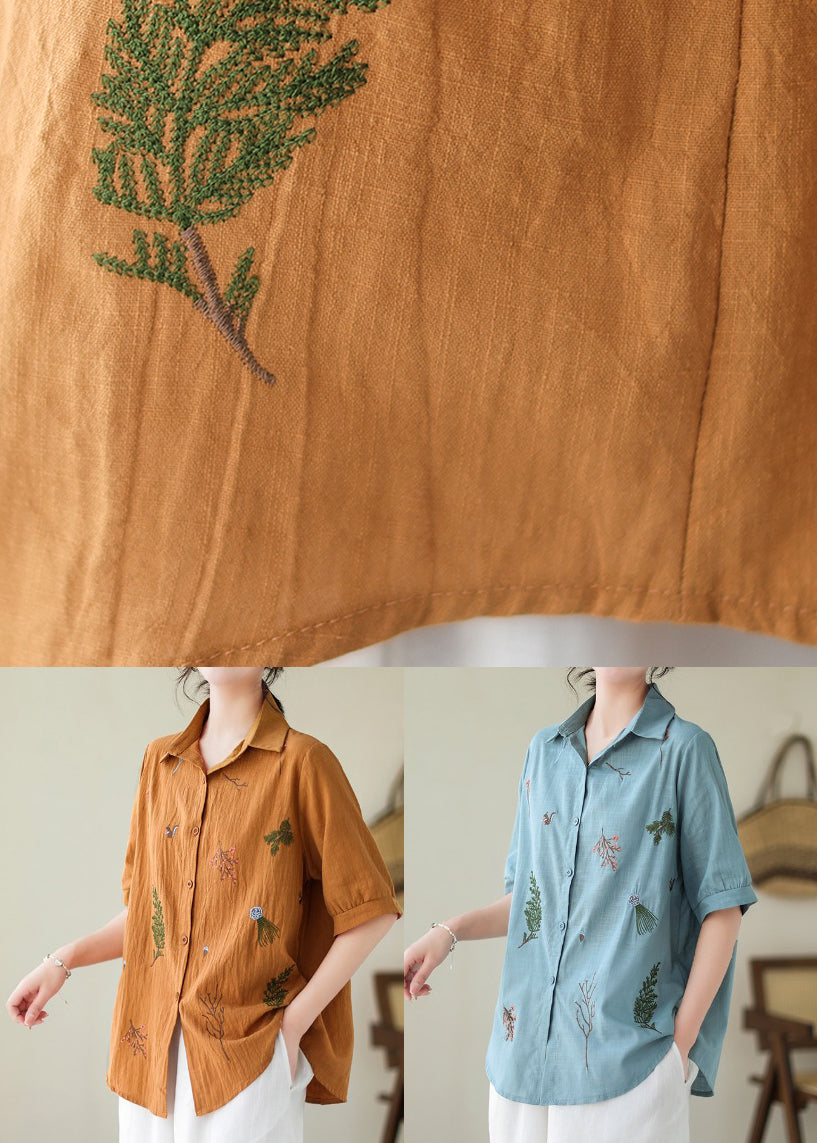 Lake Blue Cotton Shirt Peter Pan Collar Embroideried Summer LY4938 - fabuloryshop