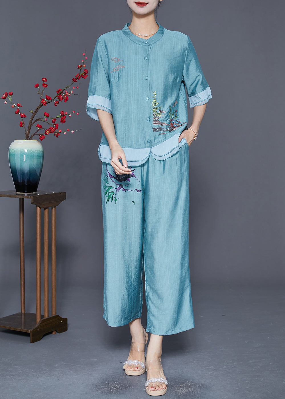 Lake Blue Patchwork Linen Silk Two Piece Set Women Clothing Embroideried Summer LY5593 - fabuloryshop