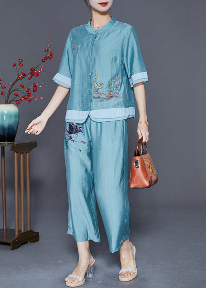 Lake Blue Patchwork Linen Silk Two Piece Set Women Clothing Embroideried Summer LY5593 - fabuloryshop