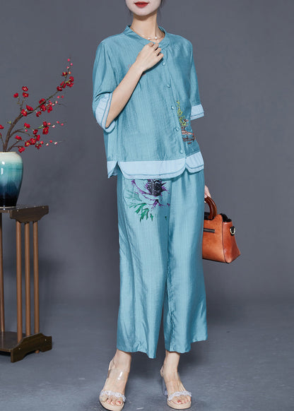 Lake Blue Patchwork Linen Silk Two Piece Set Women Clothing Embroideried Summer LY5593 - fabuloryshop