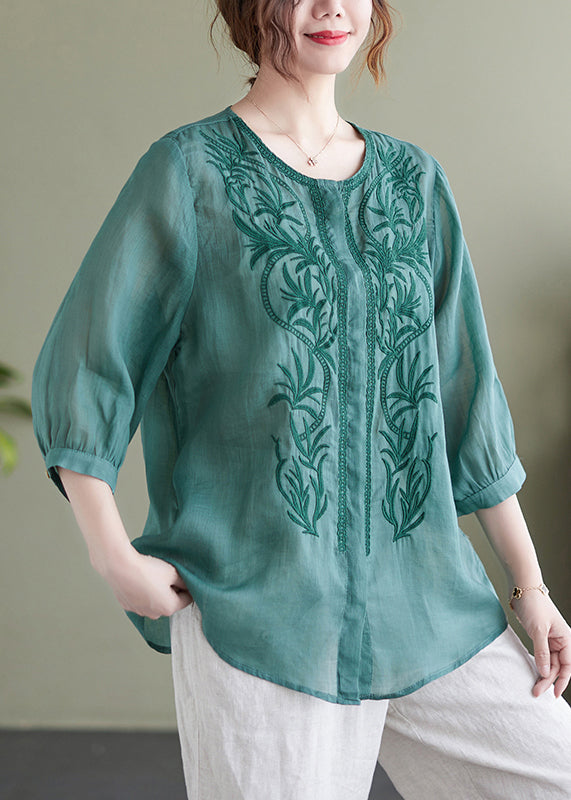 Lake Green Loose Linen Blouse Tops Embroideried Bracelet Sleeve Ada Fashion