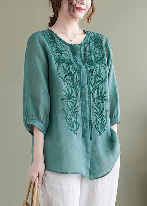 Lake Green Loose Linen Blouse Tops Embroideried Bracelet Sleeve Ada Fashion