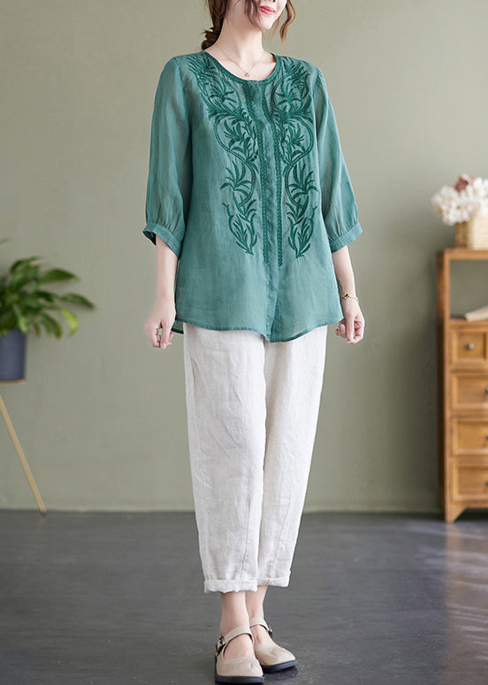 Lake Green Loose Linen Blouse Tops Embroideried Bracelet Sleeve Ada Fashion