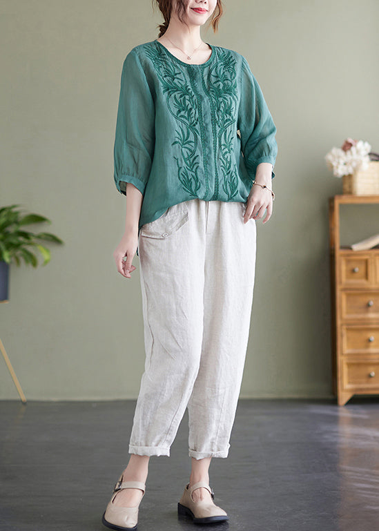 Lake Green Loose Linen Blouse Tops Embroideried Bracelet Sleeve Ada Fashion