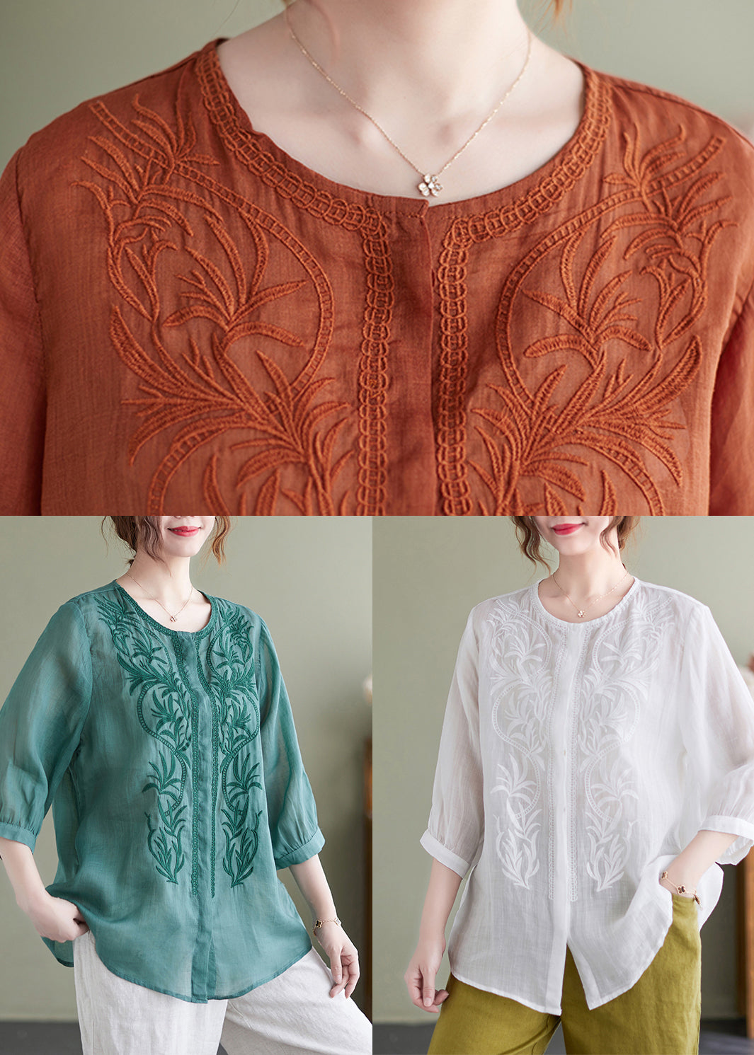 Lake Green Loose Linen Blouse Tops Embroideried Bracelet Sleeve Ada Fashion