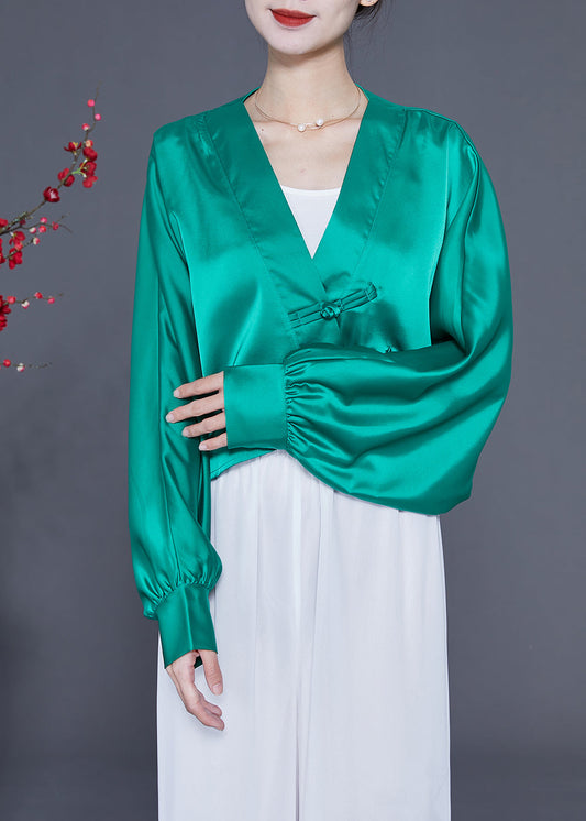 Lake Green Oversized Silk Blouses V Neck Chinese Button Spring LY2333 - fabuloryshop