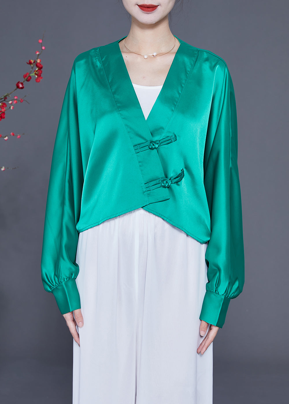 Lake Green Oversized Silk Blouses V Neck Chinese Button Spring LY2333 - fabuloryshop