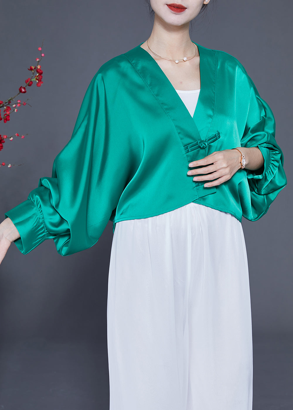 Lake Green Oversized Silk Blouses V Neck Chinese Button Spring LY2333 - fabuloryshop