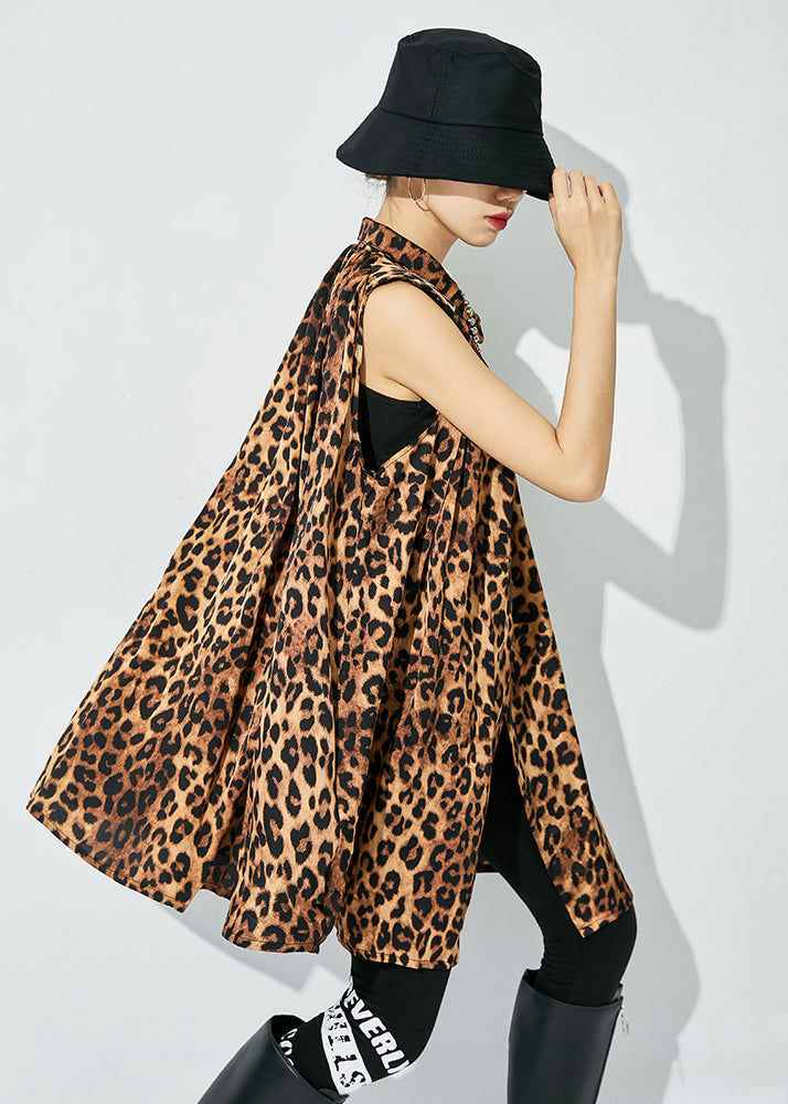 Leopard Print Cotton A Line Blouse Top Stand Collar Sleeveless LY0845 - fabuloryshop