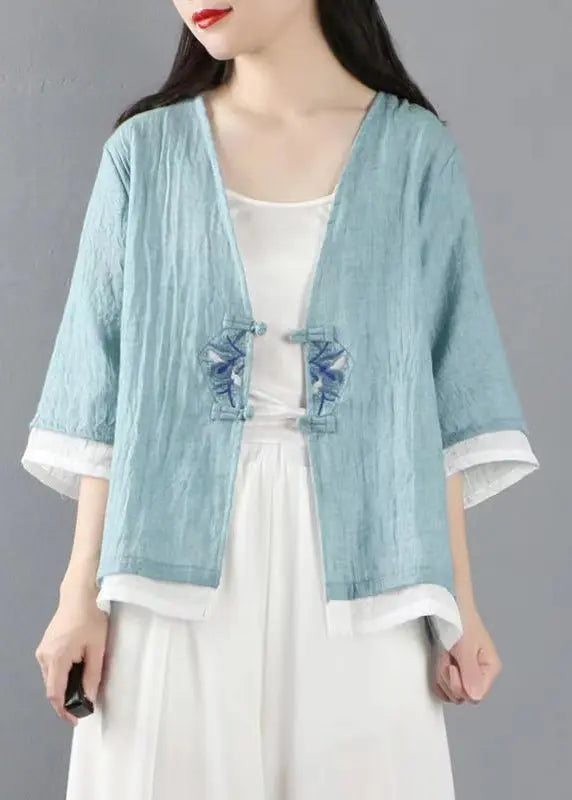 Light Blue Button Patchwork Linen Tops Coats V Neck Half Sleeve Ada Fashion