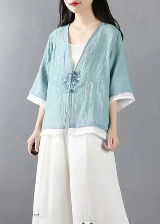 Light Blue Button Patchwork Linen Tops Coats V Neck Half Sleeve Ada Fashion