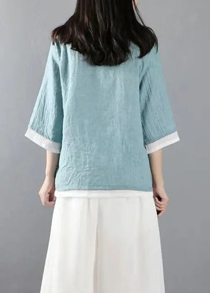 Light Blue Button Patchwork Linen Tops Coats V Neck Half Sleeve Ada Fashion