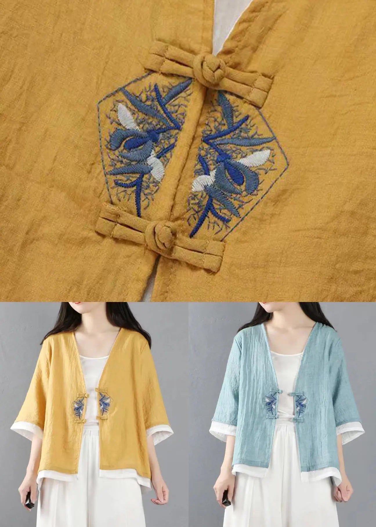 Light Blue Button Patchwork Linen Tops Coats V Neck Half Sleeve Ada Fashion