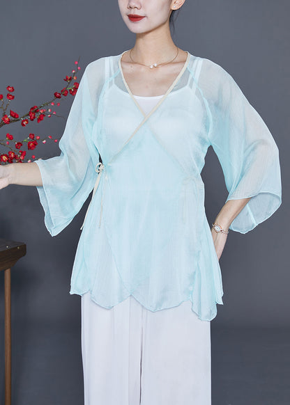 Light Blue Chiffon UPF 50+ Top V Neck Lace Up Bracelet Sleeve LY3684 - fabuloryshop