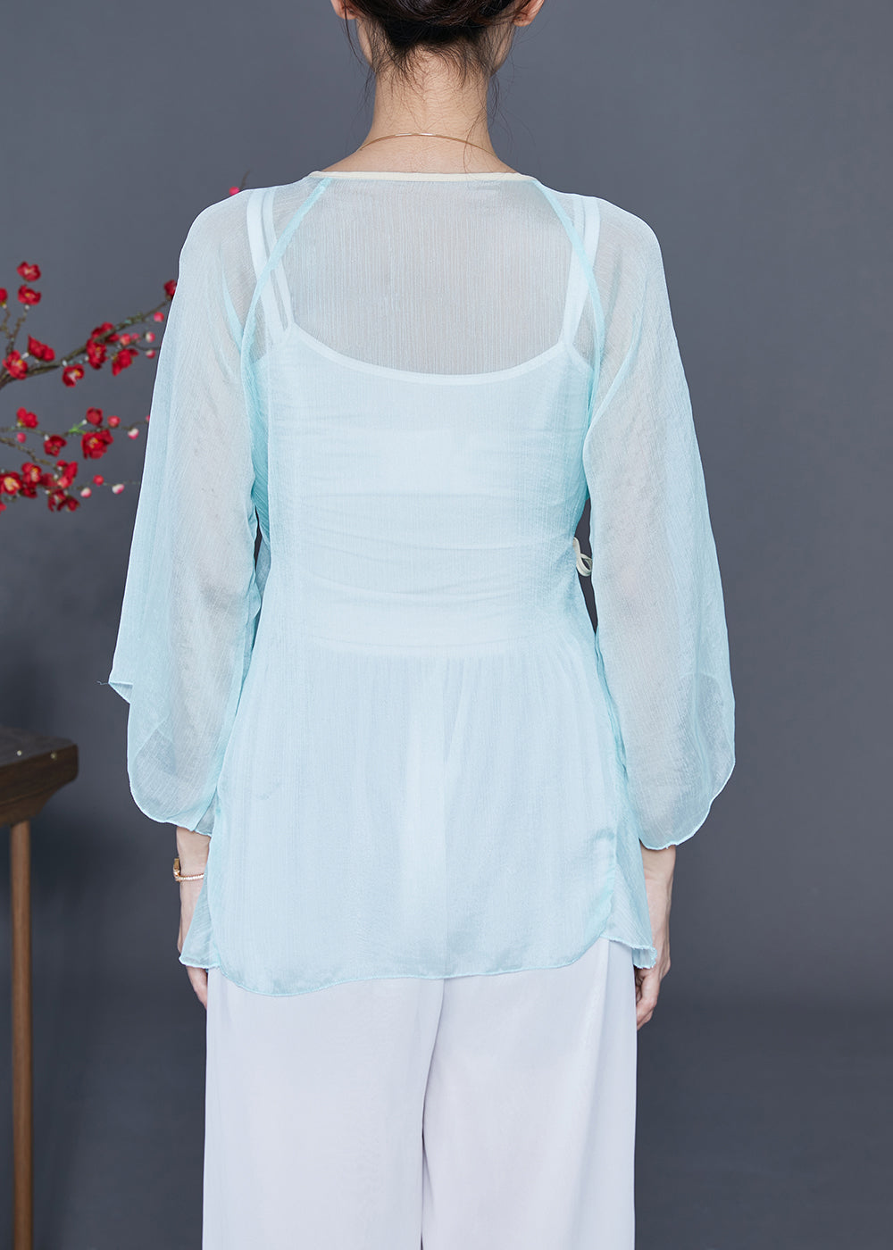 Light Blue Chiffon UPF 50+ Top V Neck Lace Up Bracelet Sleeve LY3684 - fabuloryshop