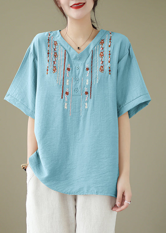 Light Blue Cotton Shirt Top Oversized Embroideried Summer LY4954 - fabuloryshop