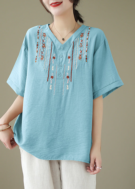 Light Blue Cotton Shirt Top Oversized Embroideried Summer LY4954 - fabuloryshop