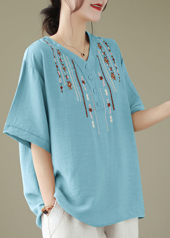 Light Blue Cotton Shirt Top Oversized Embroideried Summer LY4954 - fabuloryshop