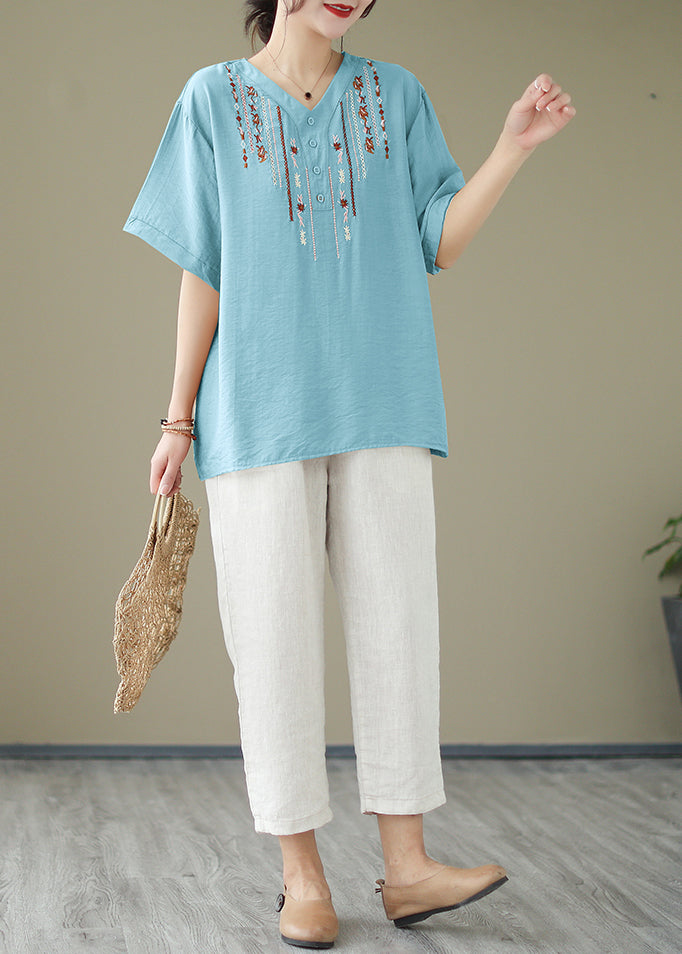 Light Blue Cotton Shirt Top Oversized Embroideried Summer LY4954 - fabuloryshop