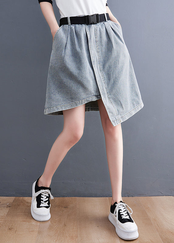 Light Blue Denim Skirts Asymmetrical Design Elastic Waist Summer LY2368