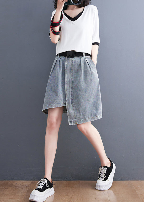 Light Blue Denim Skirts Asymmetrical Design Elastic Waist Summer LY2368 - fabuloryshop