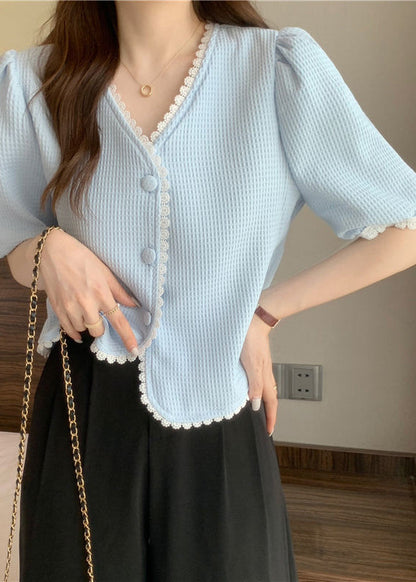 Light Blue Lace Patchwork Cotton Top V Neck Button Short Sleeve LY2586 - fabuloryshop