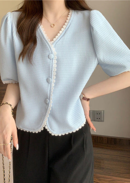 Light Blue Lace Patchwork Cotton Top V Neck Button Short Sleeve LY2586 - fabuloryshop