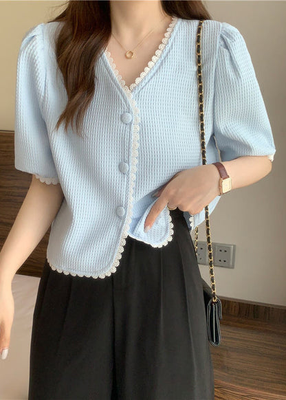 Light Blue Lace Patchwork Cotton Top V Neck Button Short Sleeve LY2586 - fabuloryshop