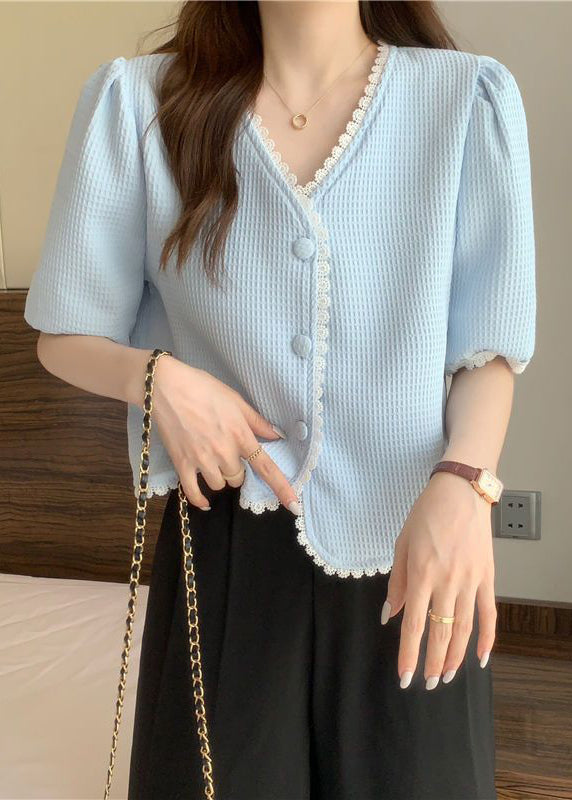 Light Blue Lace Patchwork Cotton Top V Neck Button Short Sleeve LY2586 - fabuloryshop