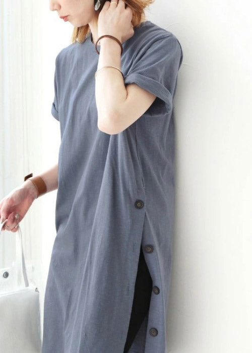 Light Blue O-Neck Button Cotton Long T Shirt Short Sleeve LY2198 - fabuloryshop