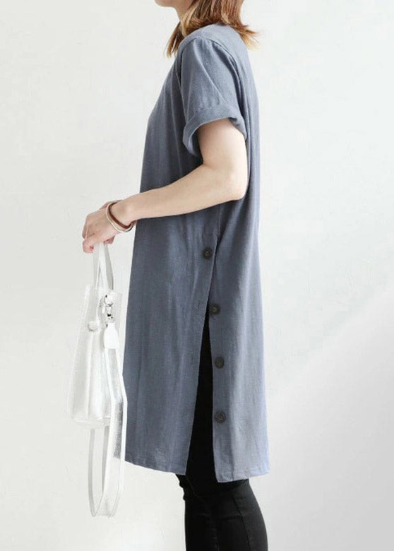 Light Blue O-Neck Button Cotton Long T Shirt Short Sleeve LY2198 - fabuloryshop