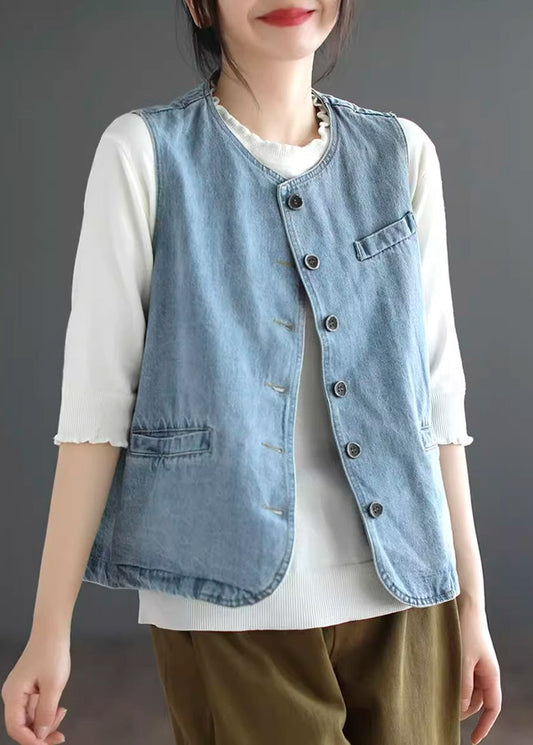 Light Blue Patchwork Denim Waistcoat Fall Ada Fashion