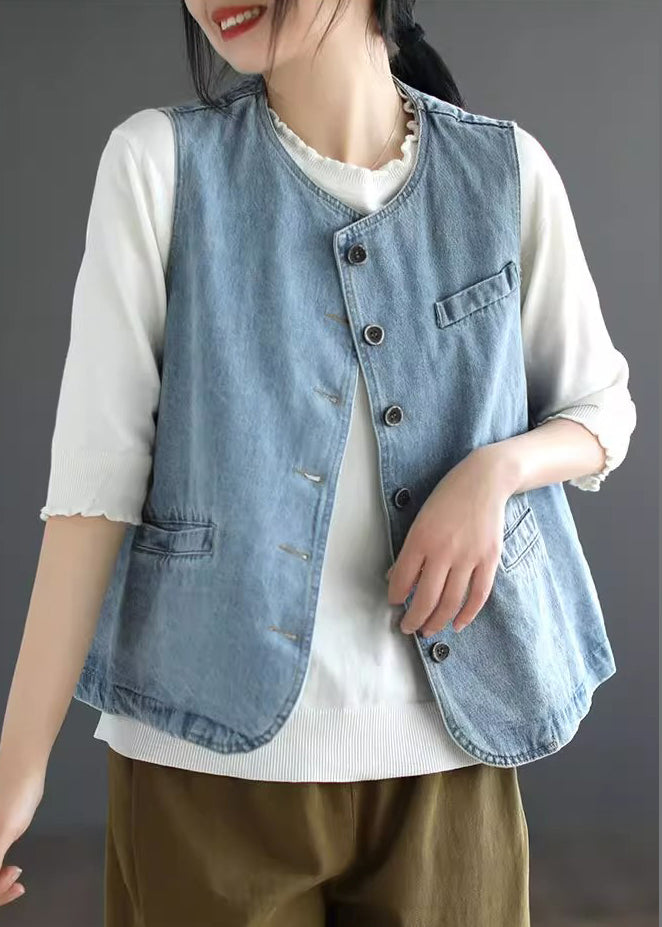 Light Blue Patchwork Denim Waistcoat Fall Ada Fashion