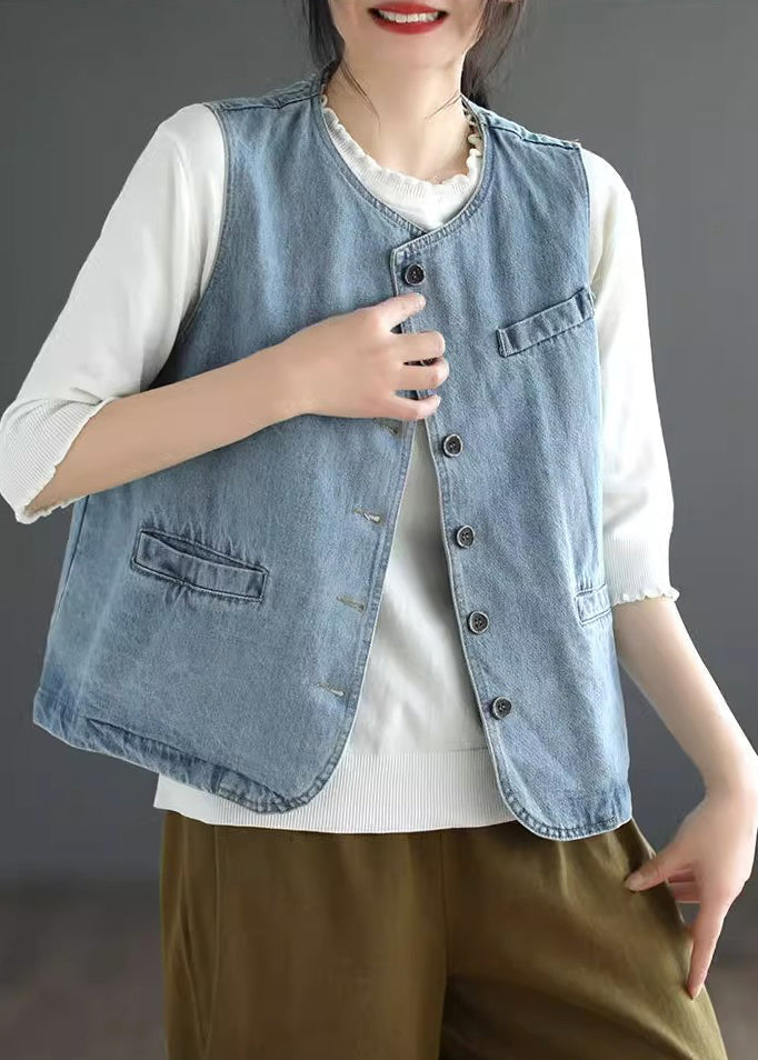 Light Blue Patchwork Denim Waistcoat Fall Ada Fashion